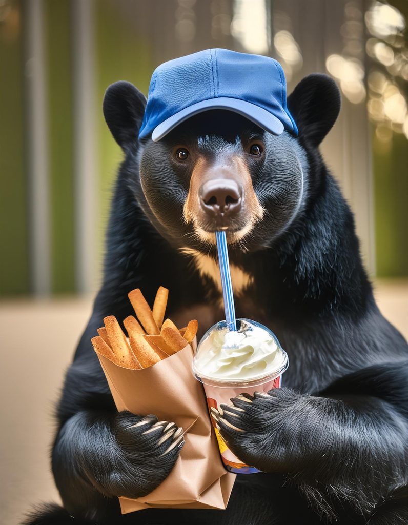 Firefly a black bear wearing a blue ball cap holding a bag of fast food in one hand and a milkshake