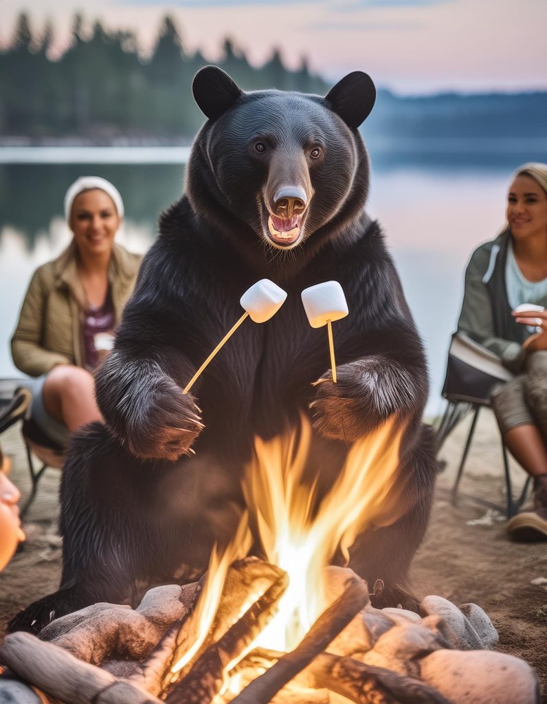 Firefly black bear roasting marshmellows at a campfire surrounded by people 86532